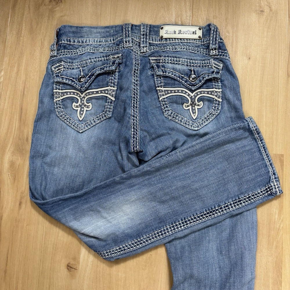 Rock Revival Scarlett Easy Crop Jeans Womens 29 Blue Denim Rhinestone Fits 32"